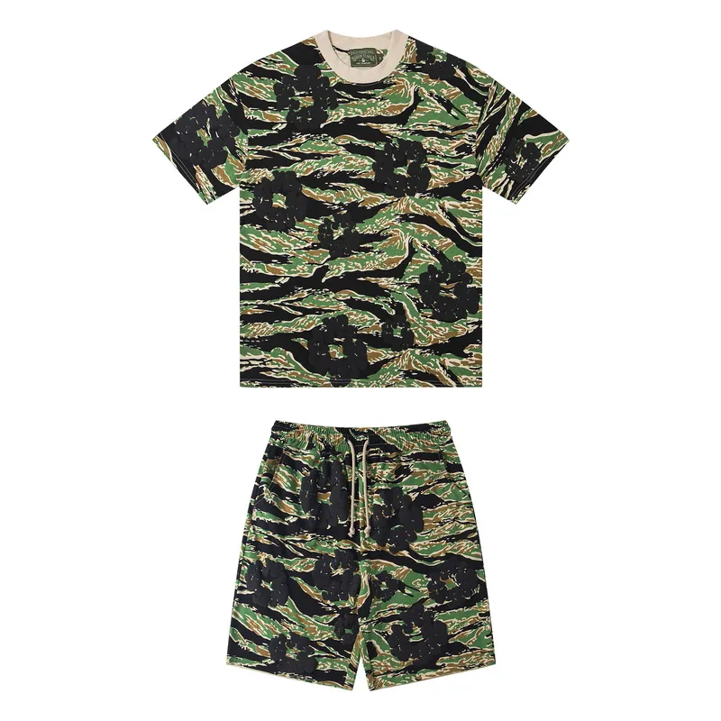D316# ​​Top P132 D317# Pants P136 DENIM TEARS Kapok European and American fashion brand high quality correct version foam flocking camouflage printed short-sleeved suit Color Camouflage blue Camouflage powder Camouflage gray Camouflage apricot Camouflage green Size S-XL